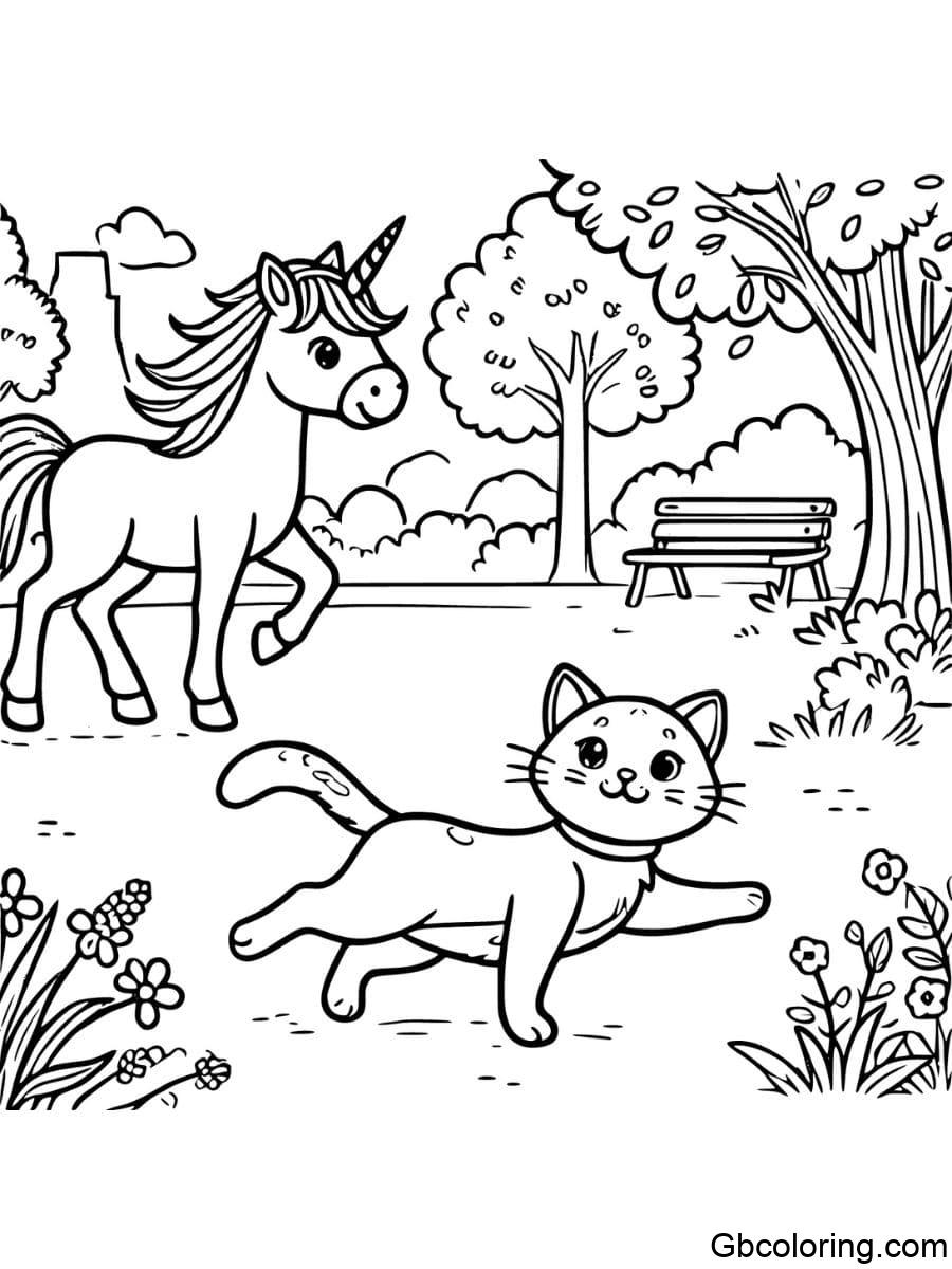 unicorn and cat coloring pages walking in the park