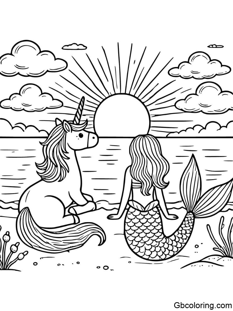 unicorn and mermaid watching sunset coloring pages