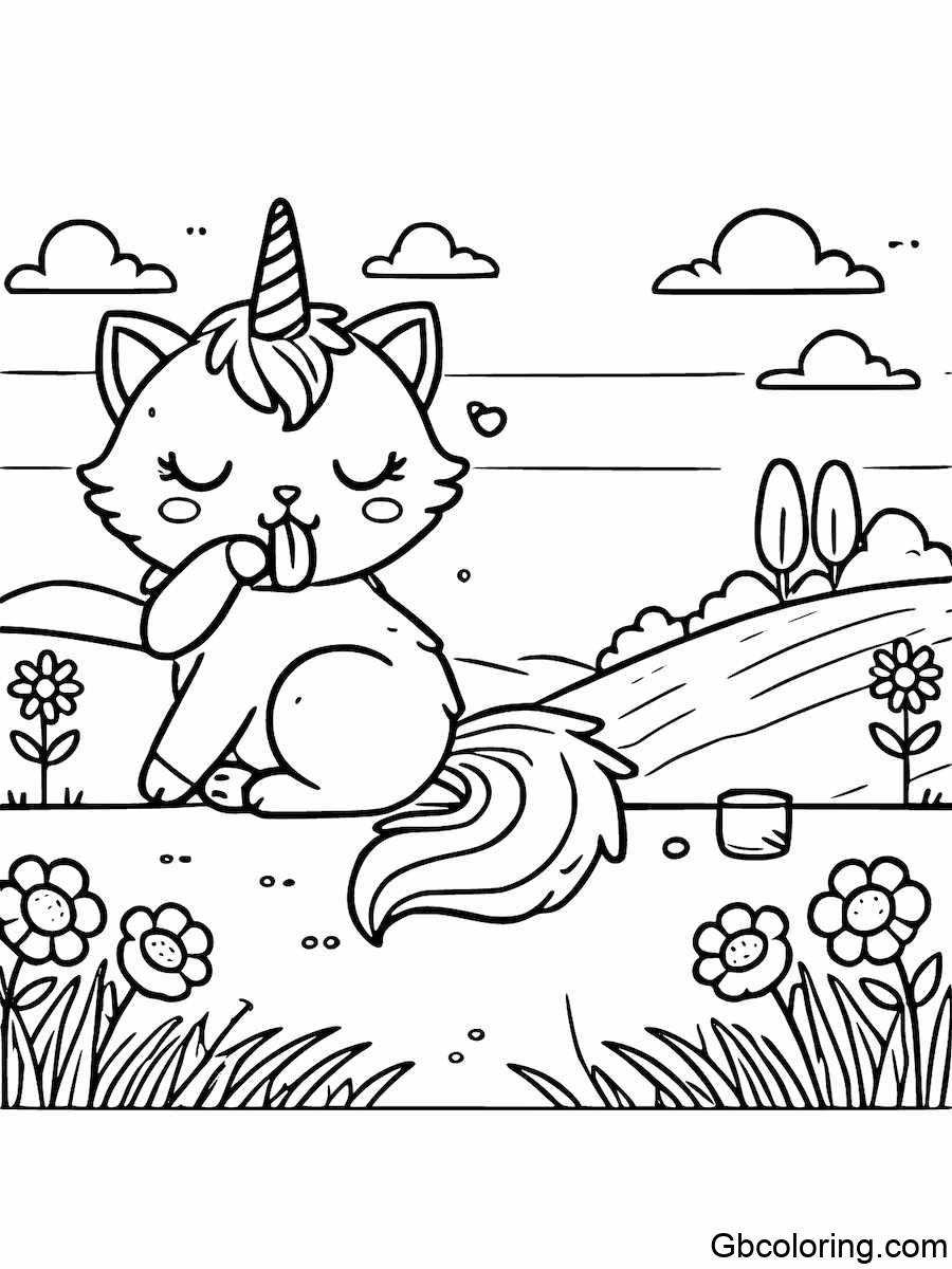 unicorn cat licking its fur coloring pages