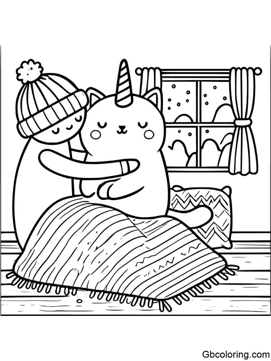 unicorn cat cuddling with a person coloring pages