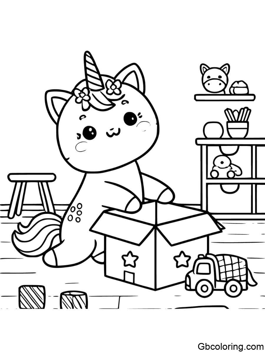 unicorn cat playing with a box coloring pages