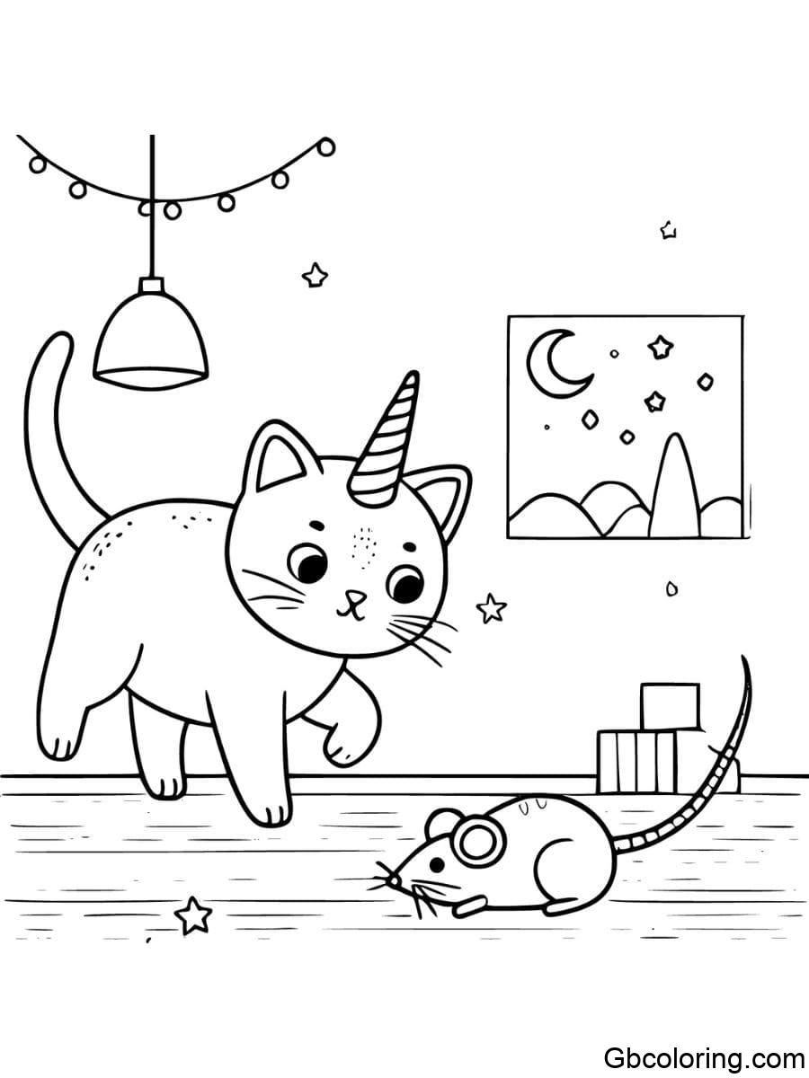 unicorn cat stalking a toy mouse coloring pages