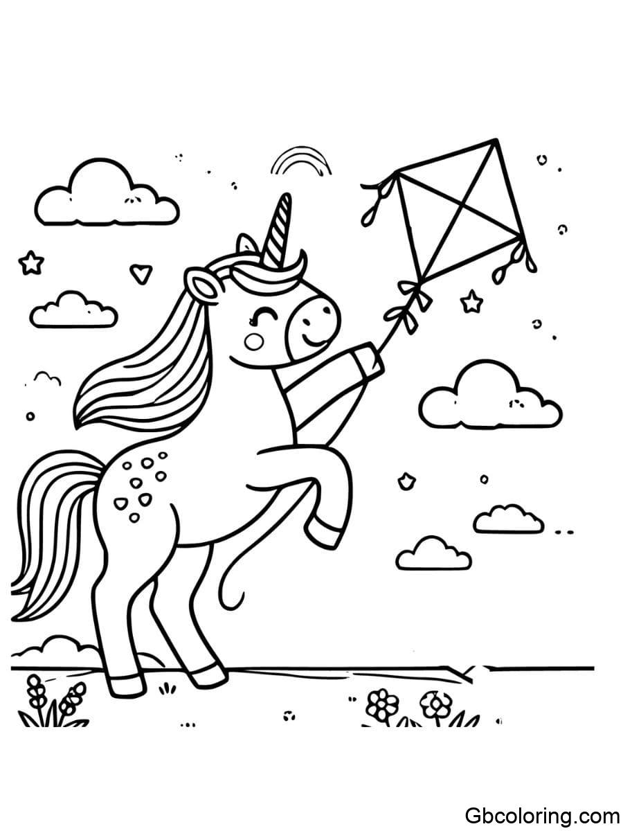 unicorn playing with kite coloring pages for kids