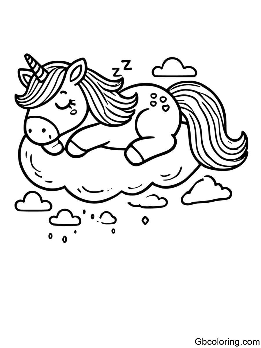 unicorn sleeping on cloud coloring pages for kids