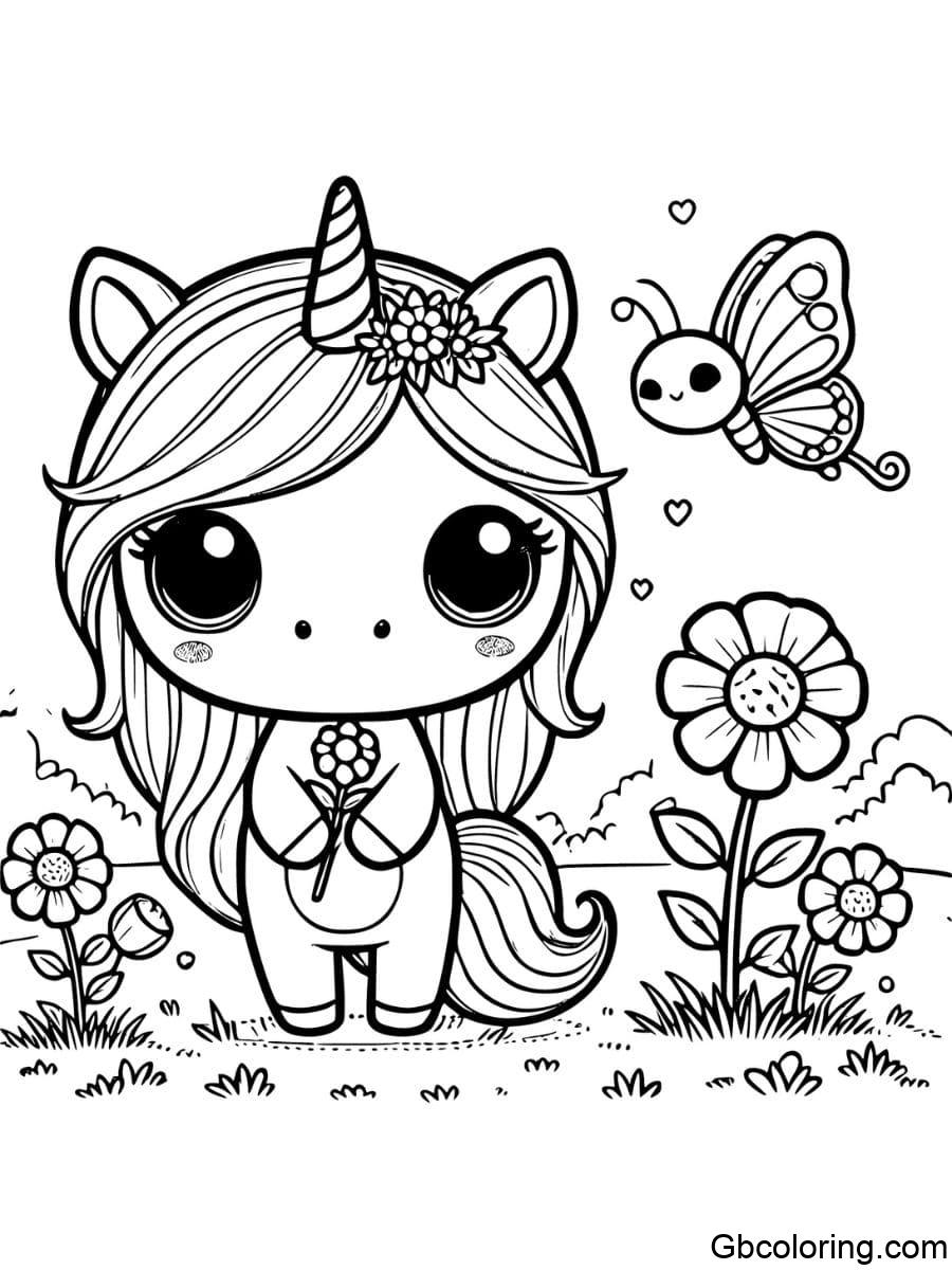 cute unicorn coloring pages with big eyes standing in a meadow