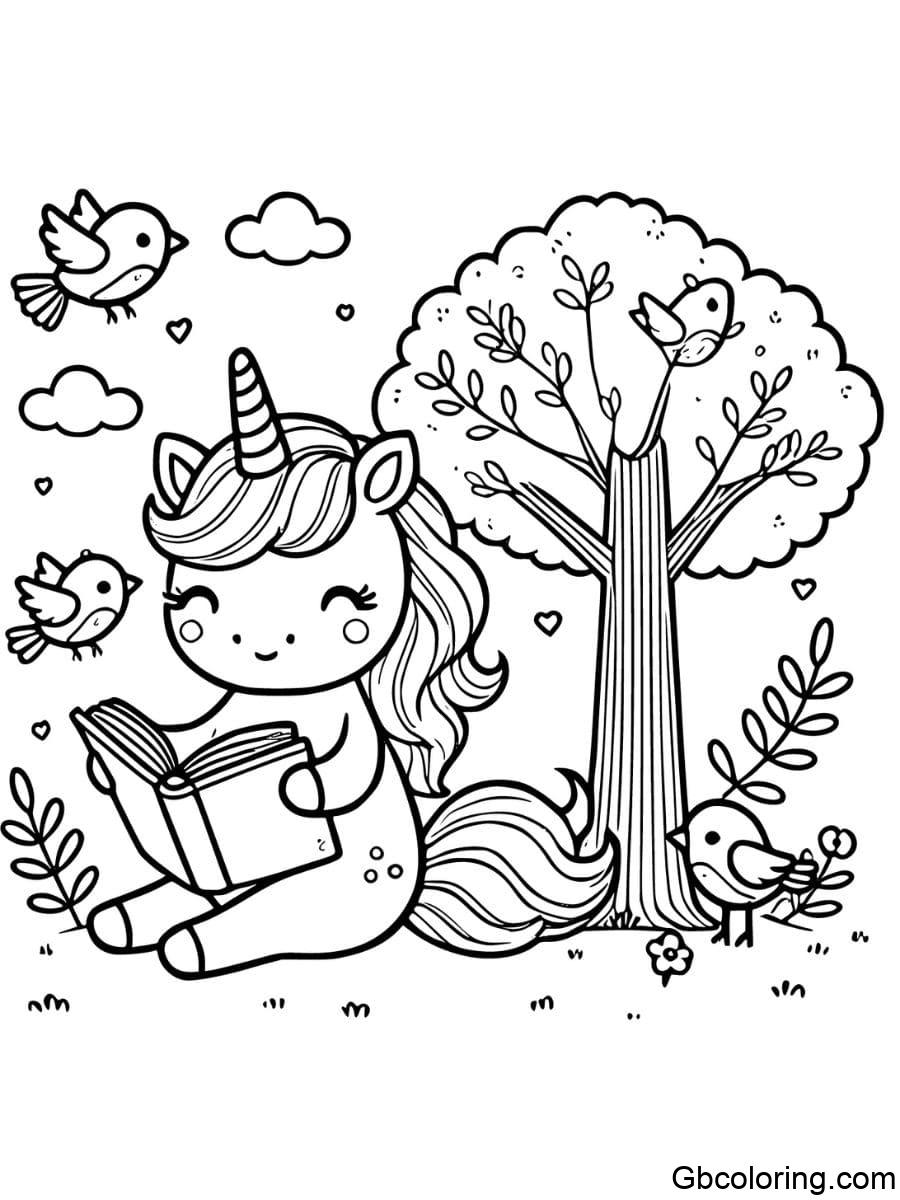 cute unicorn coloring pages reading a book under a tree with birds