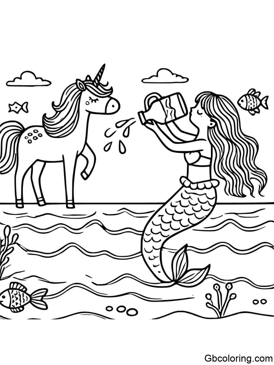 unicorn drinking water with mermaid coloring pages