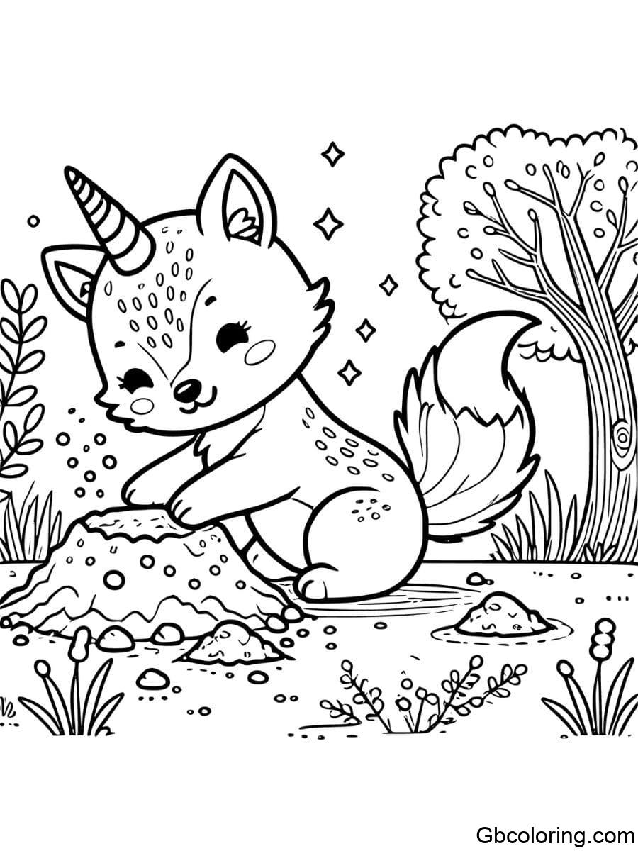 digging unicorn fox coloring pages