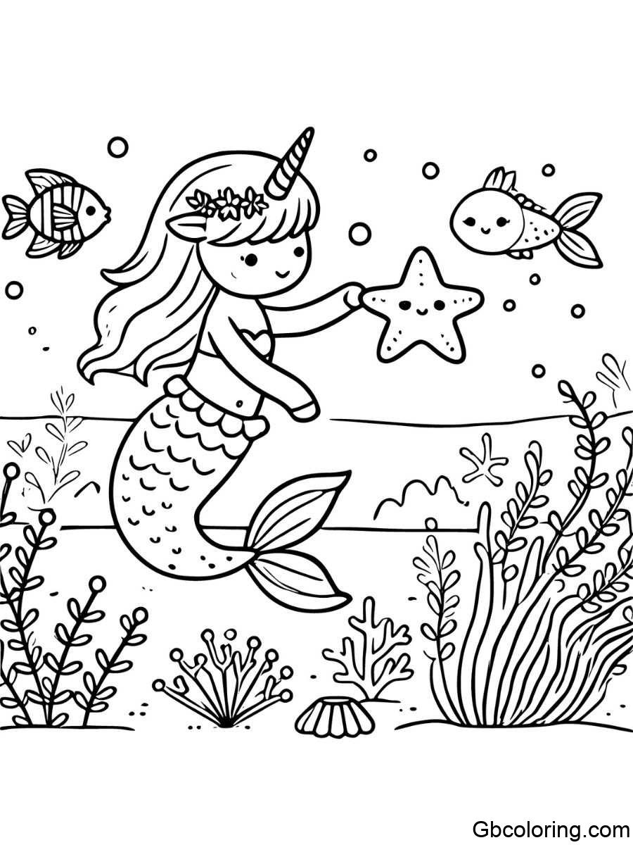 unicorn mermaid playing with starfish coloring pages