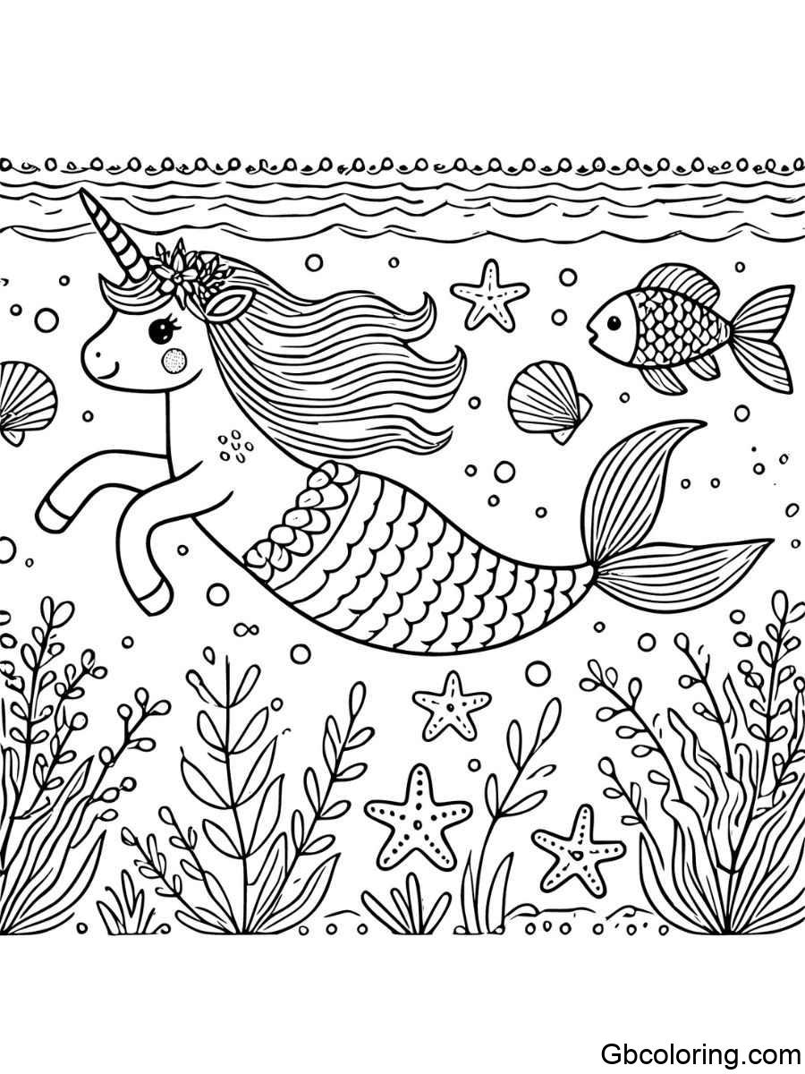 unicorn mermaid simple swimming underwater coloring pages