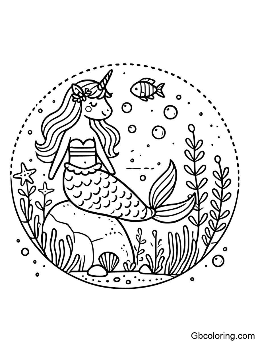 unicorn mermaid sitting on a rock coloring pages