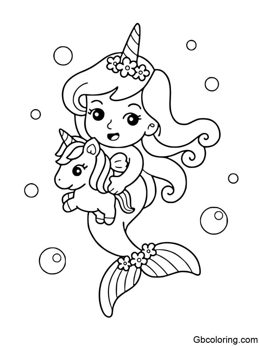 unicorn mermaid coloring pages featuring a cute mermaid holding a unicorn toy