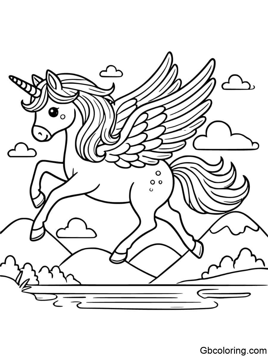 unicorn pegasus with mountains and river coloring pages