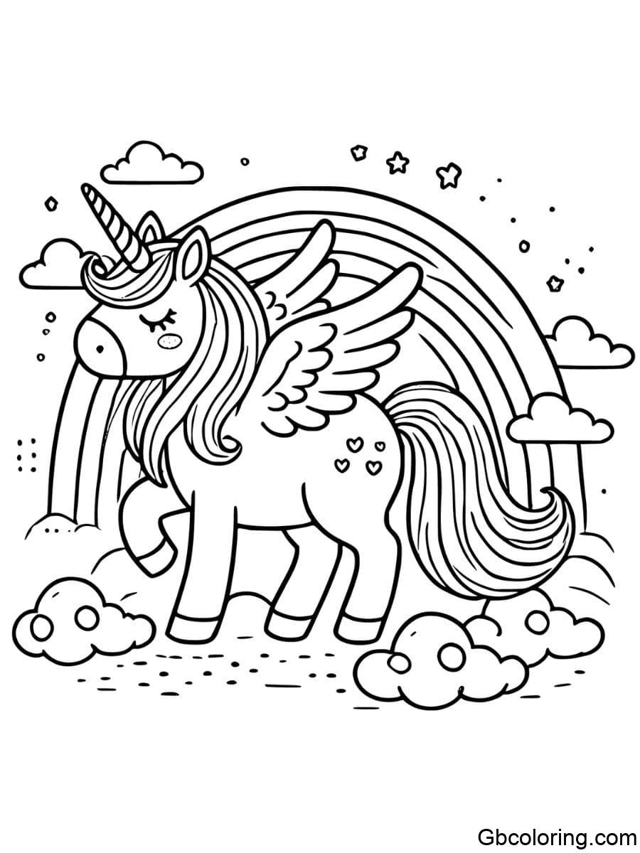 unicorn pegasus with rainbow and clouds coloring pages