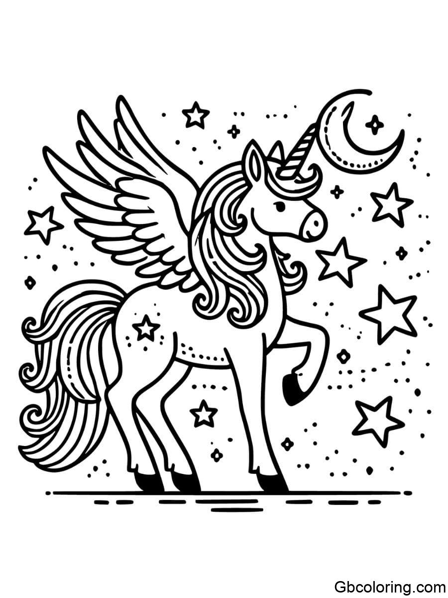 unicorn pegasus with stars and crescent moon coloring pages