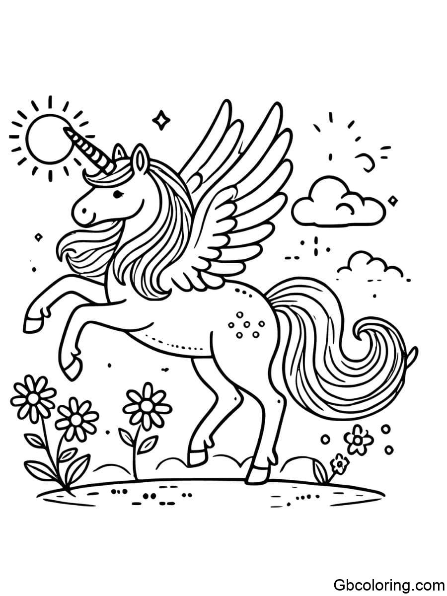 unicorn pegasus with sun and flowers coloring pages