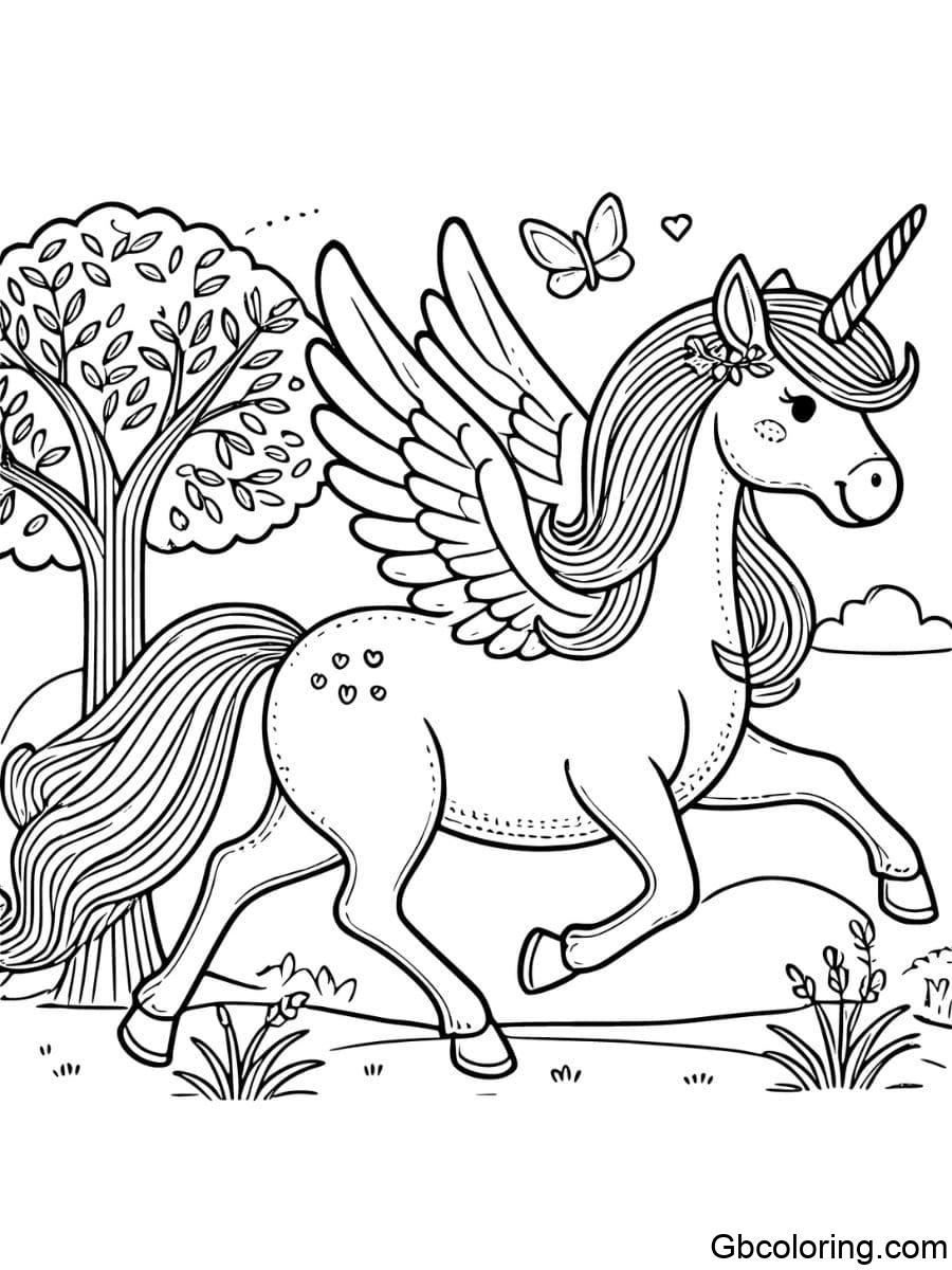 unicorn pegasus with tree and grass coloring pages