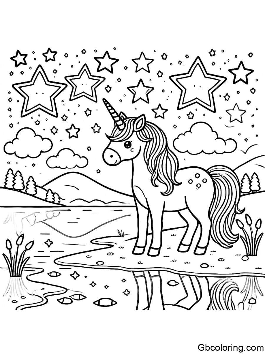 unicorn with stars by the lake with large stars coloring pages