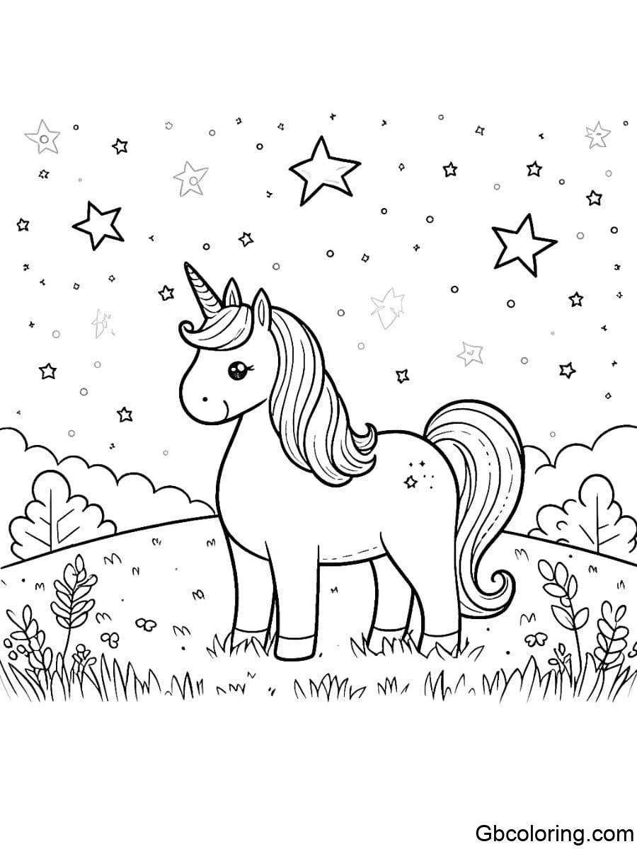 unicorn with stars in a meadow with large stars coloring pages