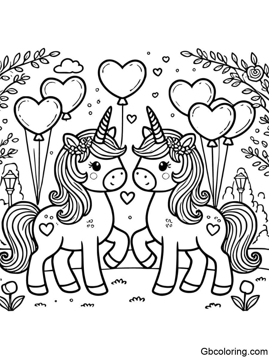 valentines unicorn walking hand in hand coloring pages