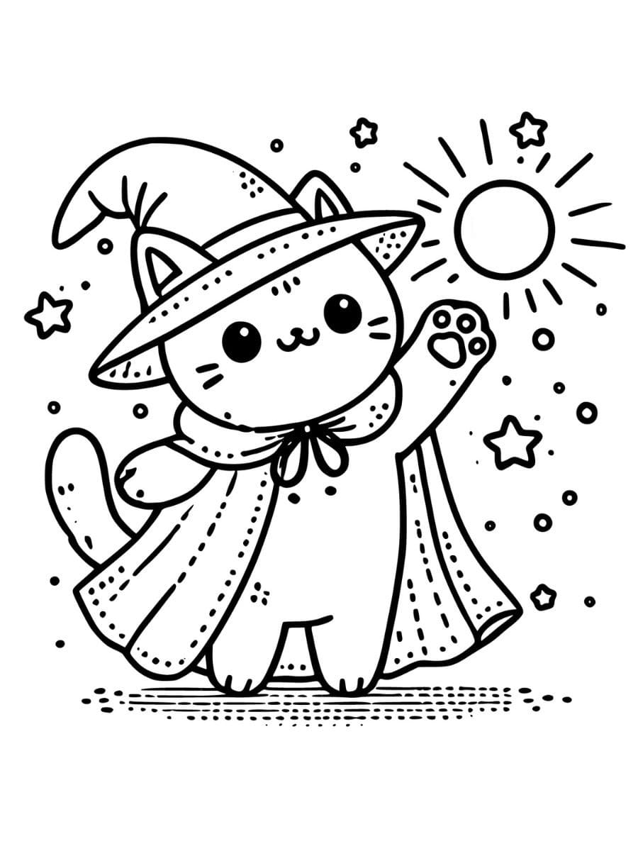 witch cat casting spell with ball of light coloring pages