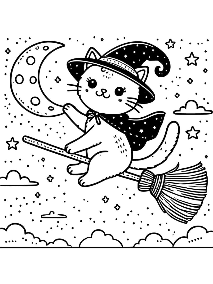 witch cat flying on broomstick in night sky coloring pages