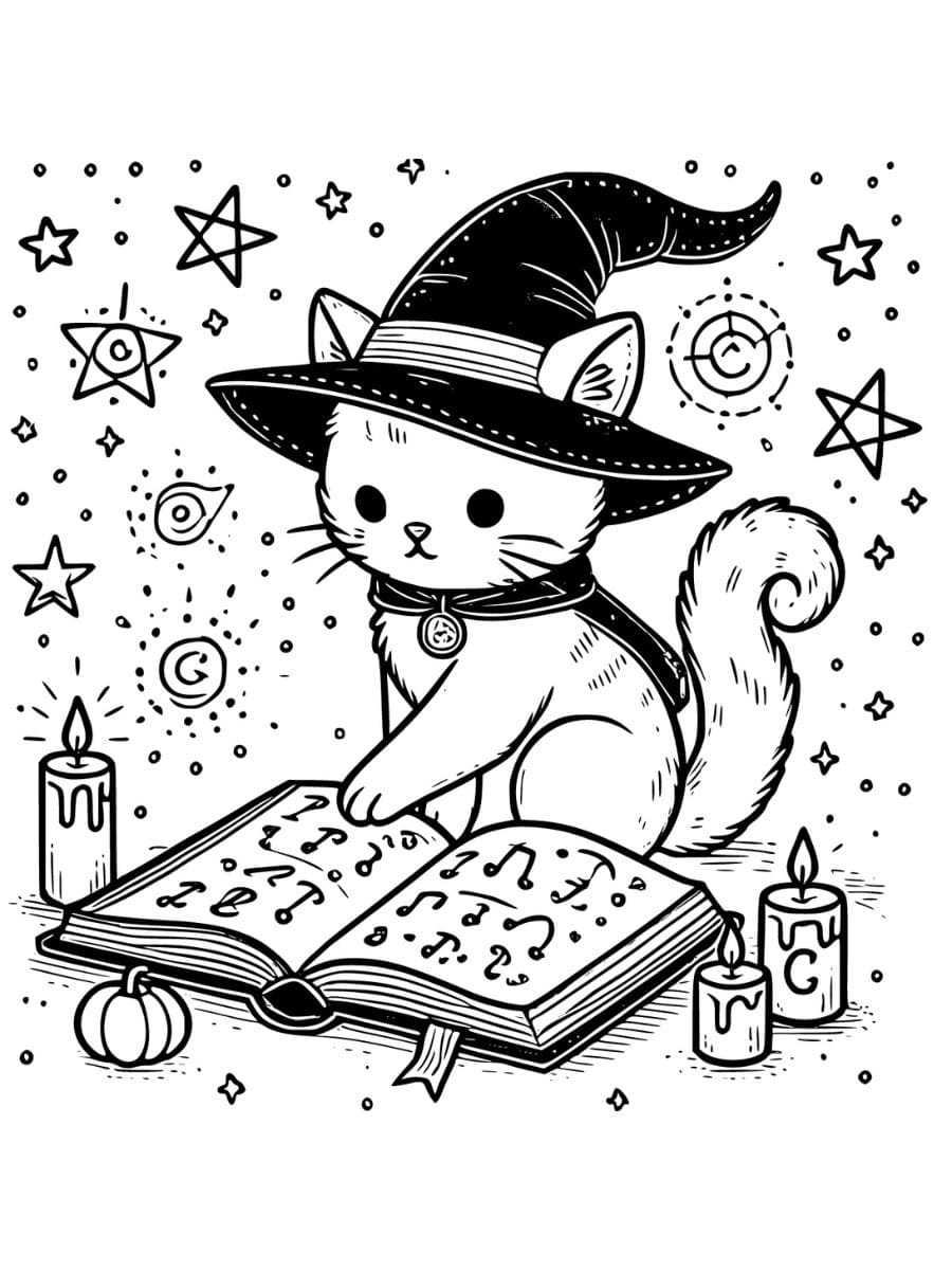 witch cat reading magic book with glowing symbols coloring pages