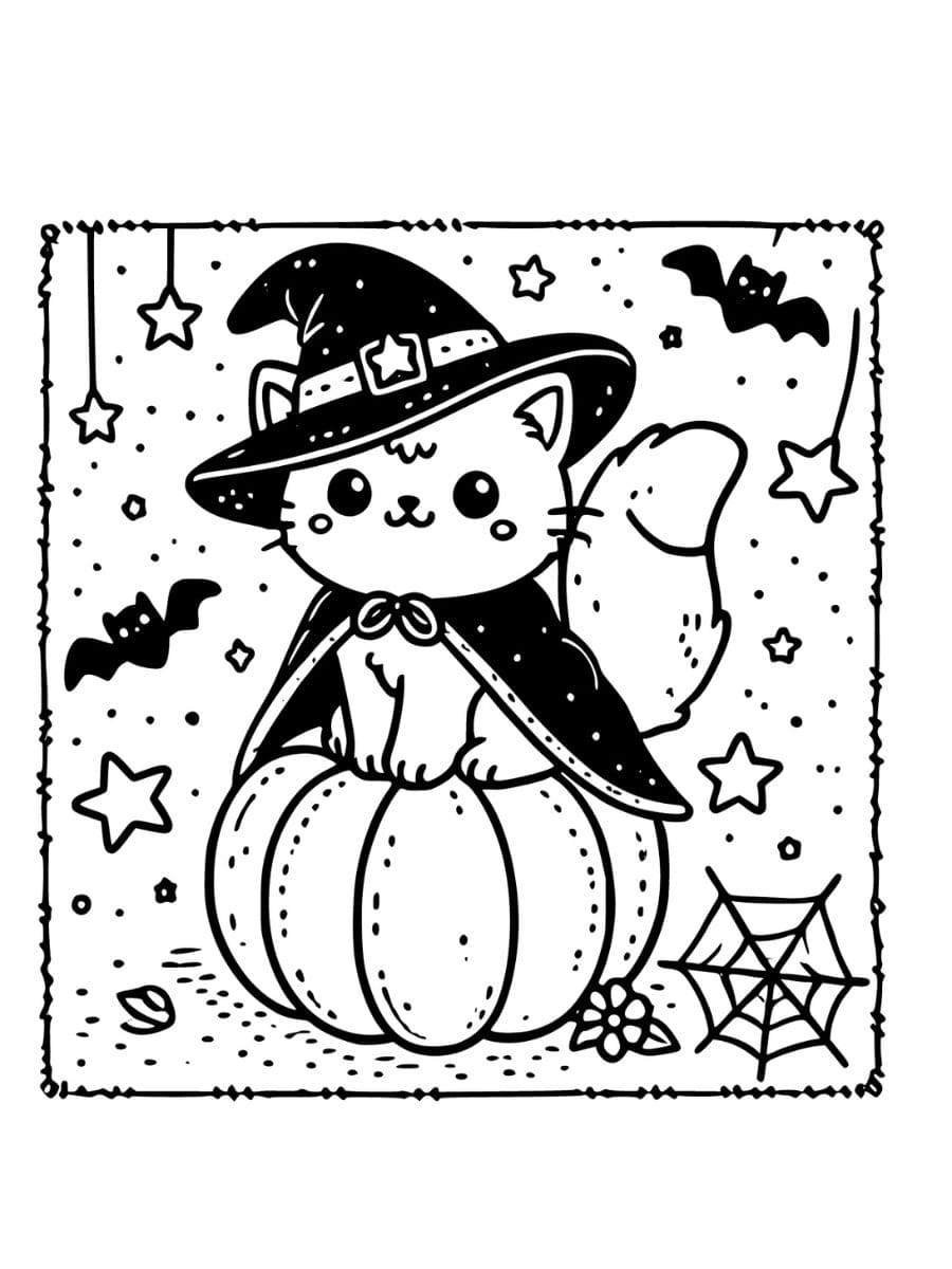 witch cat sitting on pumpkin with bats and stars coloring pages