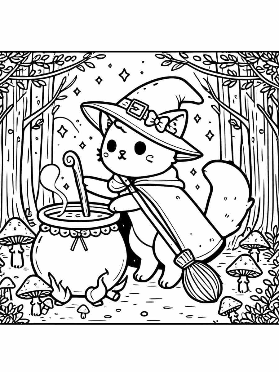 witch cat stirring cauldron in magical forest coloring pages